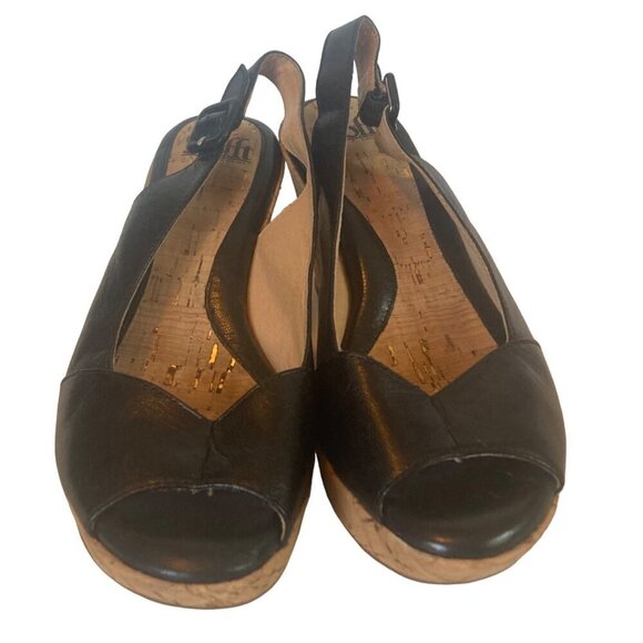 Sofft Black Leather Wedge Sandals Womens 7.5 Peep Toe Cork Heel Adjustable Strap - Picture 2 of 11
